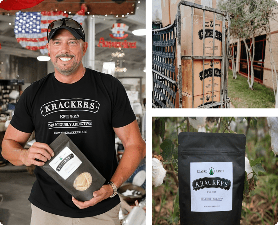 Man holding Krackers product package, smiling indoors.
