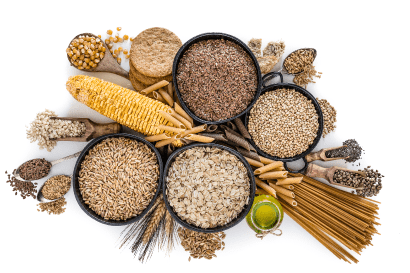 Assorted grains and pasta on white background.